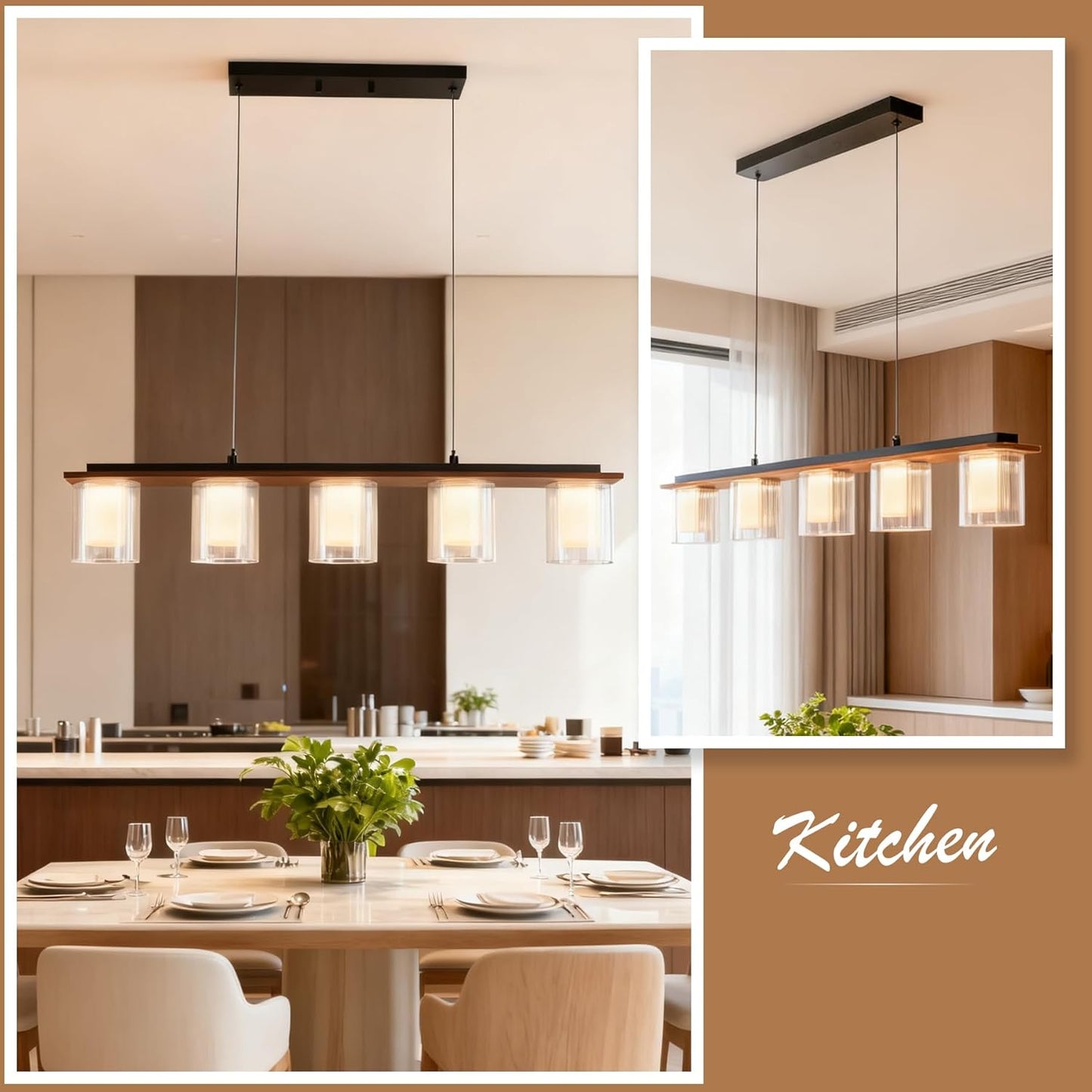 Kitchen Island Lighting, 35-Inch Linear Pendant Light with Double Glass Shades, Matte Black & Wood