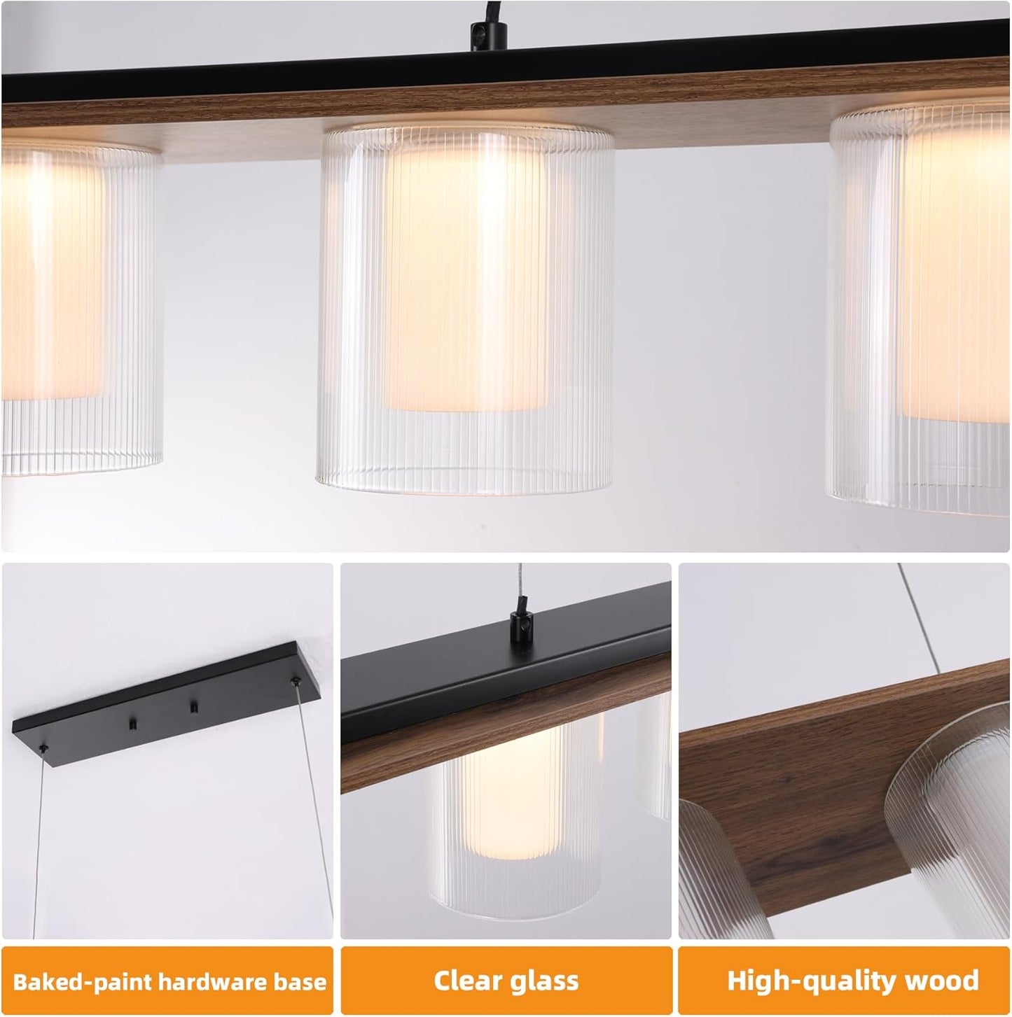 Kitchen Island Lighting, 35-Inch Linear Pendant Light with Double Glass Shades, Matte Black & Wood