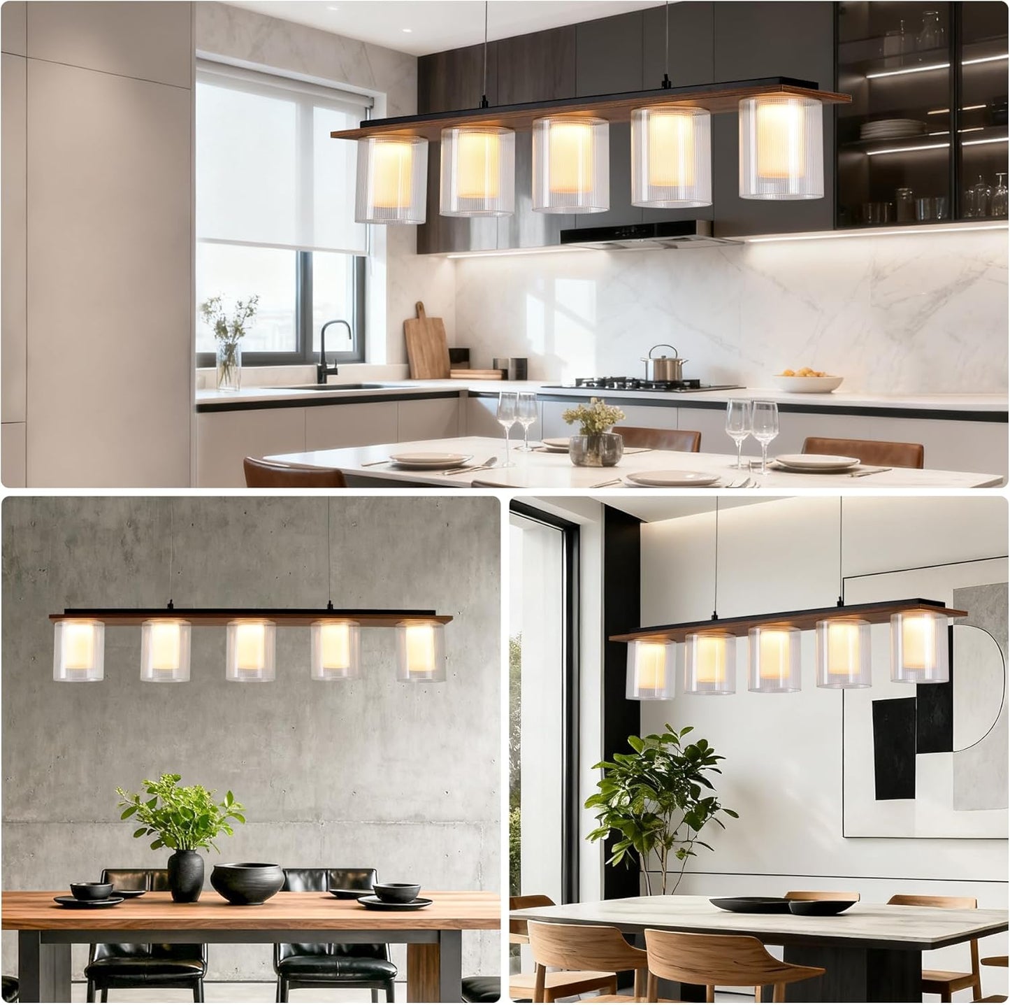 Kitchen Island Lighting, 35-Inch Linear Pendant Light with Double Glass Shades, Matte Black & Wood