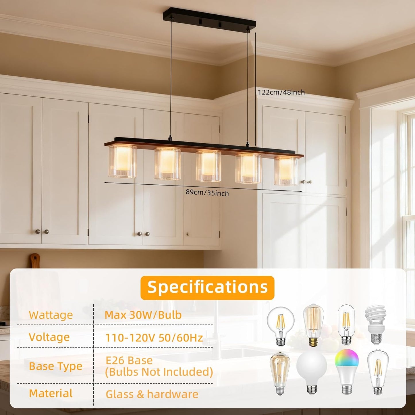Kitchen Island Lighting, 35-Inch Linear Pendant Light with Double Glass Shades, Matte Black & Wood