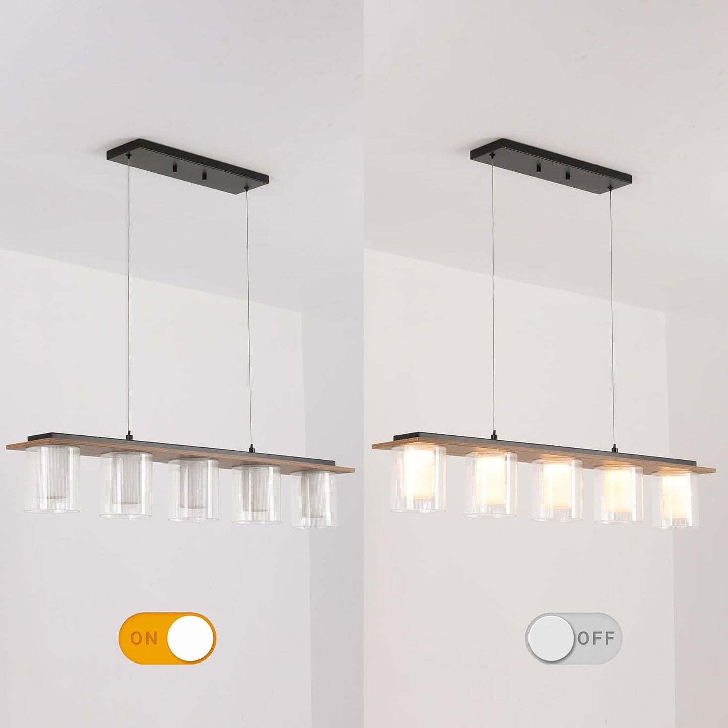Kitchen Island Lighting, 35-Inch Linear Pendant Light with Double Glass Shades, Matte Black & Wood