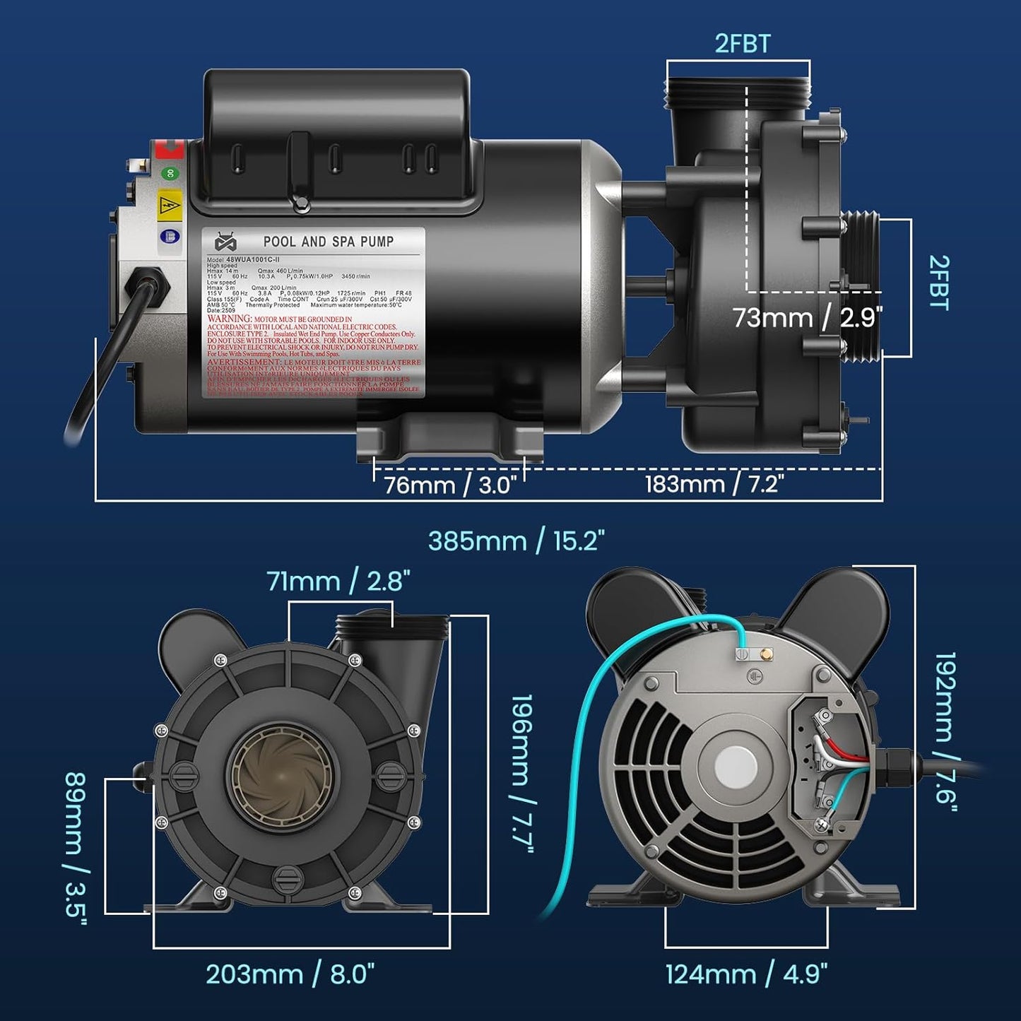SPA Pump, 1.5HP 115V Hot Tub Pump 2 Speed SPA Bathtub Motor Pumps 2' Plumbing (1.5HP)
