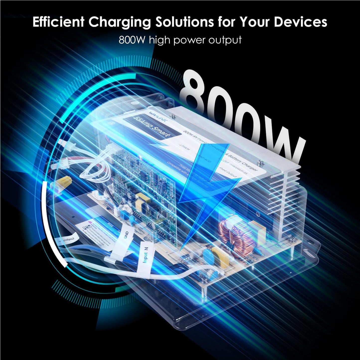 55 Amp RV Power Converter, WF-8955 RV Converter, 120V AC to 12V DC Battery Charger with 3 Smart Charging Modes