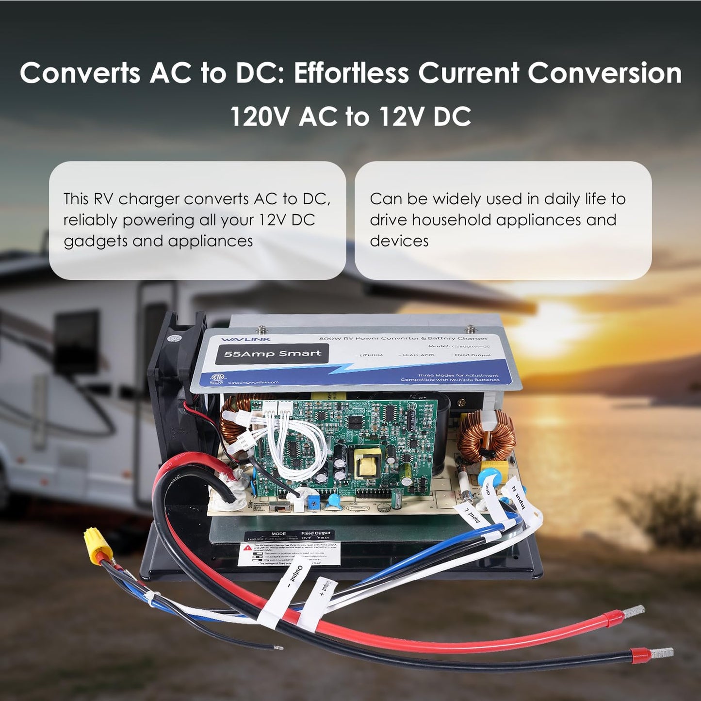 55 Amp RV Power Converter, WF-8955 RV Converter, 120V AC to 12V DC Battery Charger with 3 Smart Charging Modes