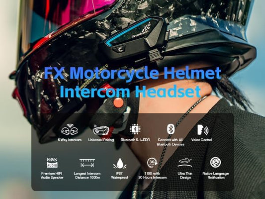 Helmet Bluetooth Headset FX 2PCS, Motorcycle Communication Intercom, IP67 Waterproof