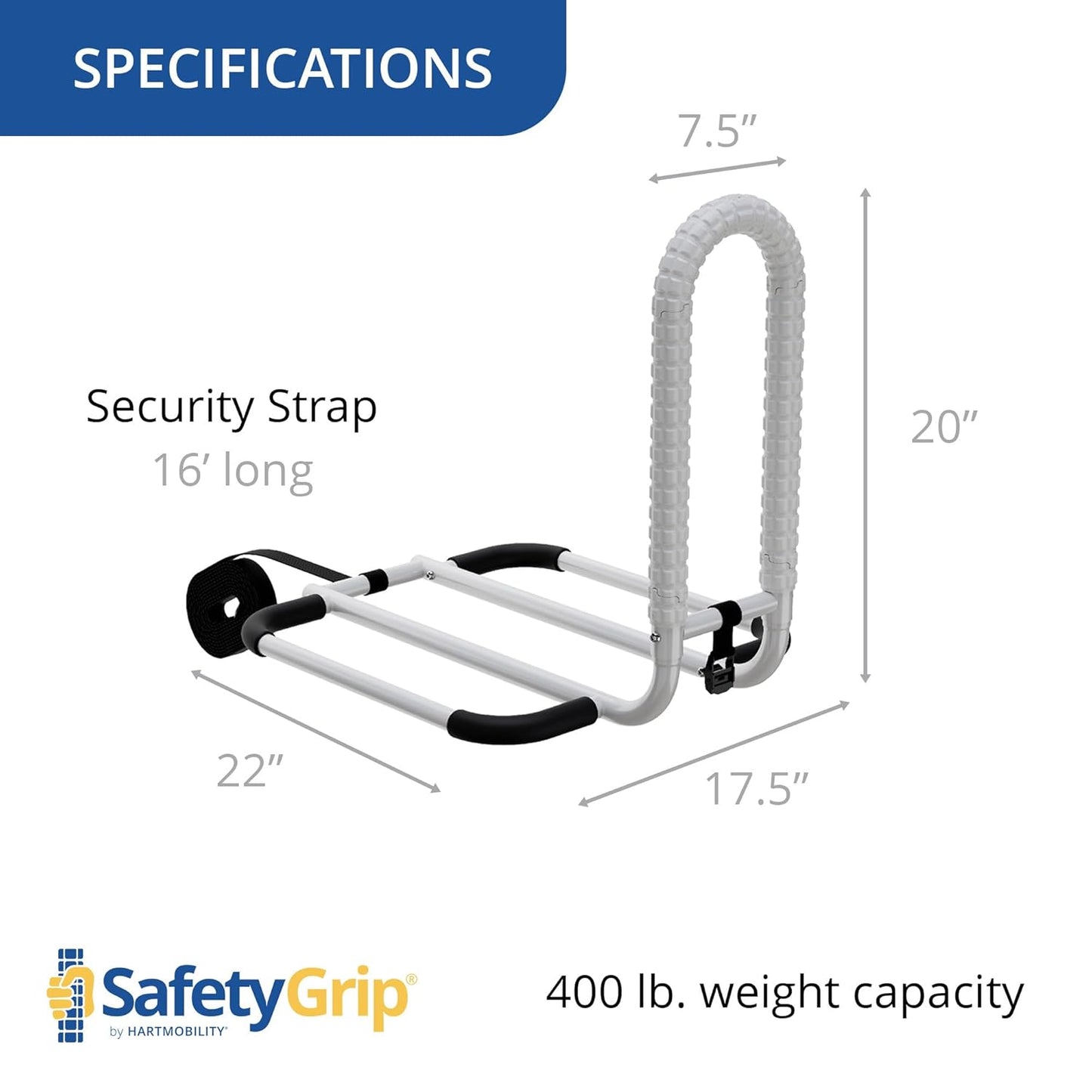 SafetyGrip Hand Grip Bed Rail, One White Compact 7.5″ Wide, 400 lb Capacity, Slip Resistant Textured Grip Pattern, AlphaSan Coating for Surface Freshness, Support Rail for Easier Bed Entry and Exit