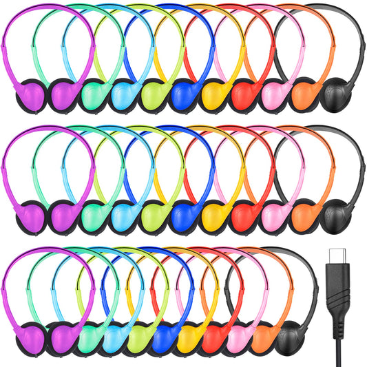 Type C Headphones Bulk for Classroom School Kids 30 Pack,USB C Wired Headphones for School Compatible with Pad Smartphones (Mixed Colors)