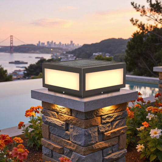 Solar Pillar Lights Outdoor 12" Solar Column Lights Stainless Steel with PC Diffuser IP66 Waterproof, 9W Solar Panel, 19Wh Battery, 2W 3-Color LED Up 8+ Hours Dusk to Dawn for Yard Patio 12x12x5.5 inch