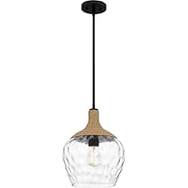 Quoizel Royer 1-Light Matte Black Mini Pendant Light with Clear Water Glass Shade and Rope Detailing, Coastal Style Hanging Light for Kitchen, Living Room, Bedroom, or Bar Area