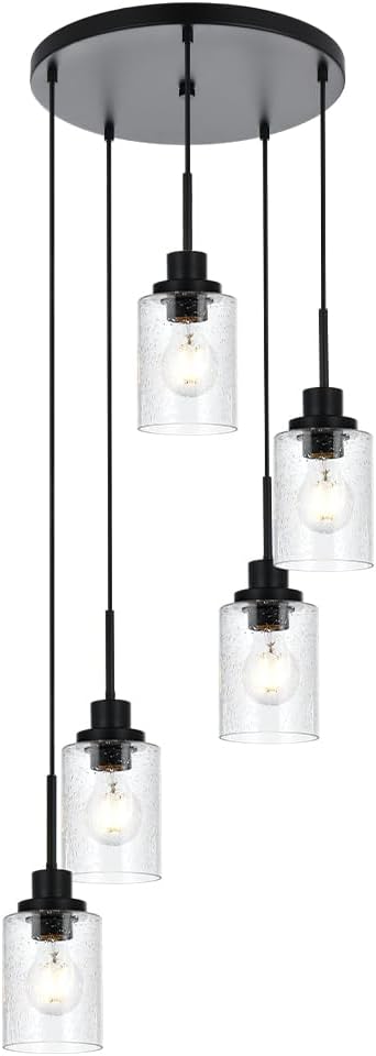 Pendant Light Fixture 5 Light Black Cluster Chandelier Seeded Glass Farmhouse Pendant Lighting for Kitchen Islands, Modern Dining Room House Foyer