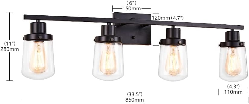 YIKOLUZ 4-Light Bathroom Vanity Light Fixtures, Industrial Matte Black Vanity Light with Clear Glass Shade, Modern Metal Wall Sconce for Hallway