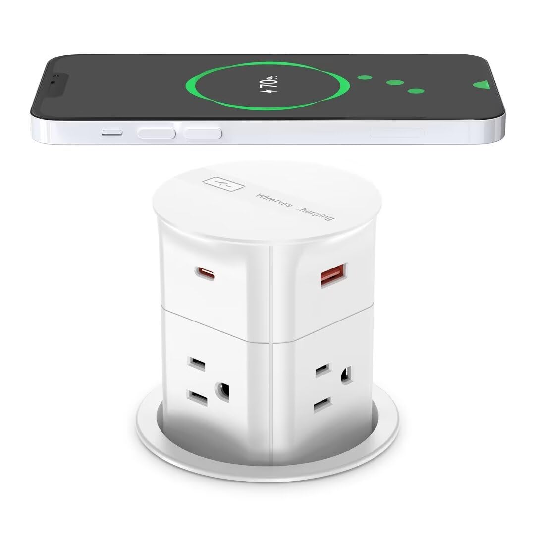 ANNQUAN 3.15&#34; Pop Up Countertop Outlet with 15W Wireless Charger,Max 20W Power Delivery,800J Surge Protection,Pop Up Socket with with 4 USB,3ft