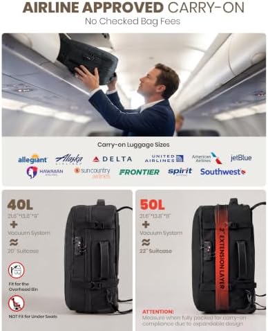 Fanwoli Rolling Vacuum Backpack Travel,One-Button Compression,TSA Carry-On | 54L Expandable | 2-In-1 Design | Built-In Electric Pump | Dual-Zipper TSA Lock | Waterproof | Fits 18” Laptop
