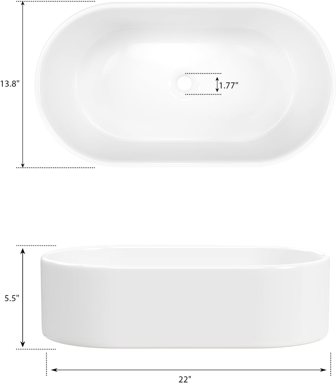 Oval Vessel Sink Bathroom Sink Above Counter Bowl Sink Porcelain Ceramic Countertop Basin, Glossy White 22'x13.8'x5.5'