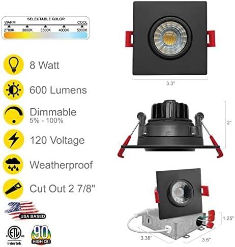 NUWATT | 16 Pack | Black 3 Inch Square Adjustable LED Ceiling Light Gimbal Recessed Lighting Dimmable Canless Downlight 5CCT 2700K | 3000K | 3500K |