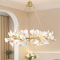 Farmhouse Dining Room Chandelier Gold Modern Wagon Wheel 35.5" Ceramic Ginkgo Leaf Chandeliers for Bedroom 28 Lights Living Room Light Fixture Chandelier