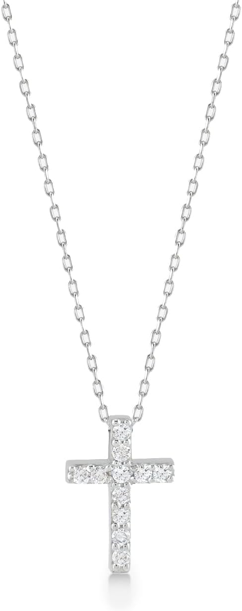 Tiny Diamond Cross Necklace in 14K White Gold 1/2"x1/4" Cross Pendant