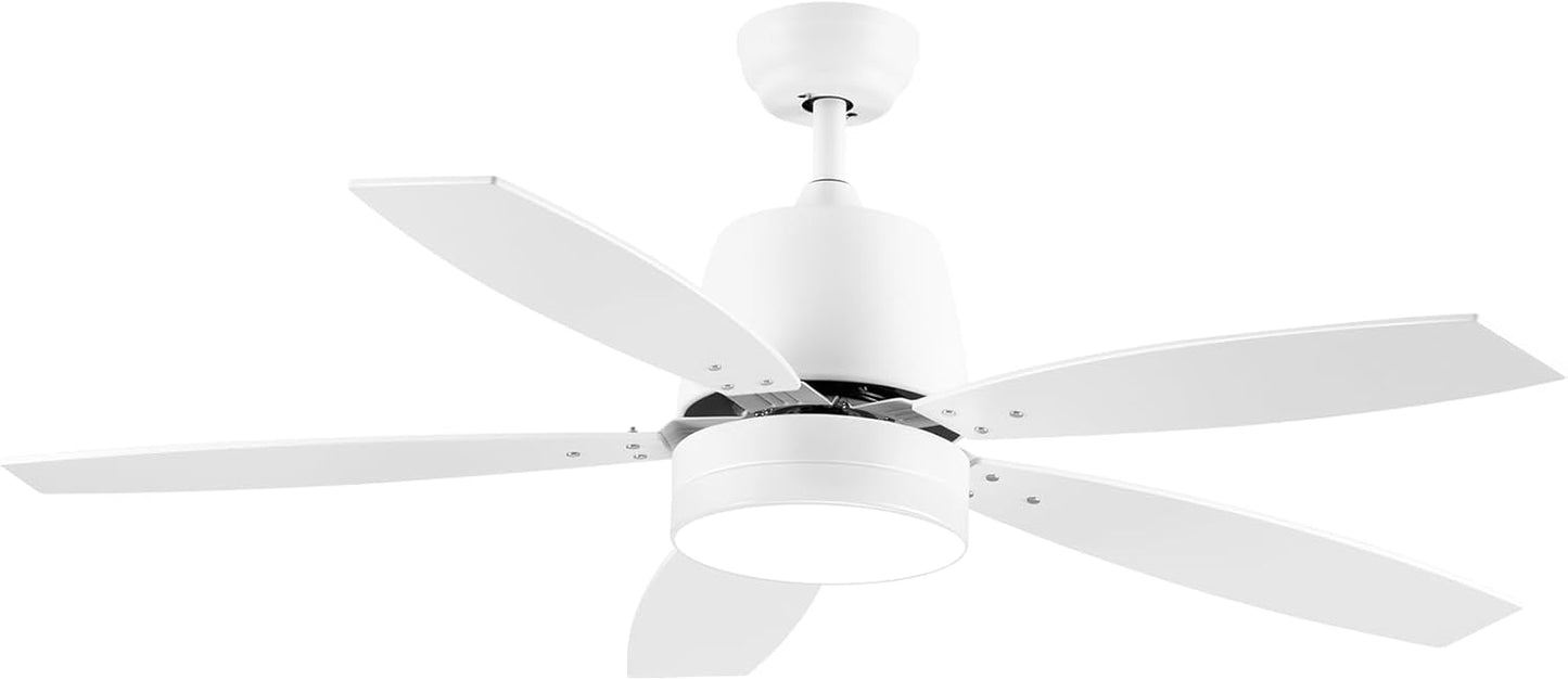 Ceiling Fan with Lights, 52 Inch White Ceiling Fan with Remote, Dimmable LED Light, Quiet Reversible Motor, 5 Blades Modern Ceiling Fan for Bedroom