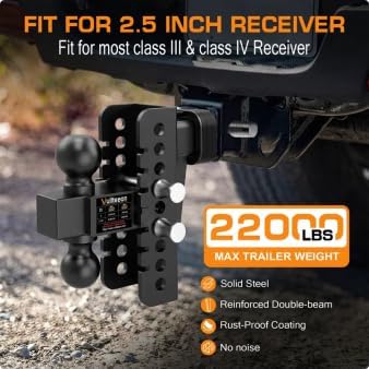 Adjustable Trailer Hitch, Drop Hitch for 2.5 Inch Receiver, Tow Hitch with 6 Inch Drop/Rise, 2" & 2-5/16" Ball Hitches for Trucks, 22,000 LBS GTW, Trailer Hitches with Anti-Theft Pin 2.5-6