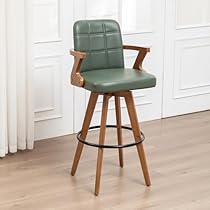 Swivel Counter Stool Set of 1 with Walnut Finish, Mid-Century Modern 26.7 Inch Counter Height Stools Kitchen Island, Thick Padded Faux Leather Seat, Curved Bentwood Back & Arms, Bamboo Legs, Green