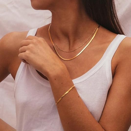 Hey Harper Gold Herringbone Necklace For Women Nassau Set - Waterproof Sweatproof Non Tarnish Jewelry - 14K PVD Layered Stainless Steel Necklace