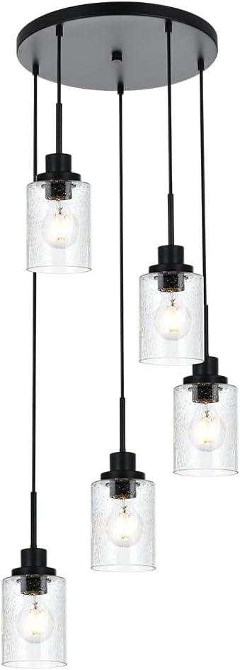 Pendant Light Fixture 5 Light Black Cluster Chandelier Seeded Glass Farmhouse Pendant Lighting for Kitchen Islands, Modern Dining Room House Foyer