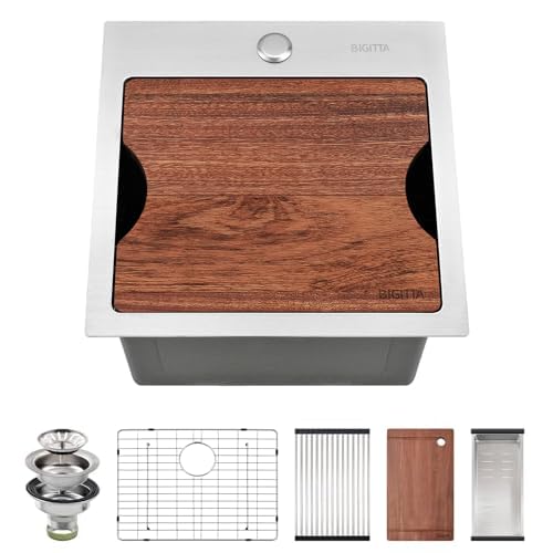15 Inch Bar Sink, Drop-in Sink 15", Top Mount, Stainless Steel Workstation Sink 15x15x10 in