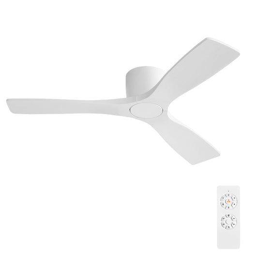 WINGBO 48 Inch Flush Mount DC Ceiling Fan without Lights, 3 Carved Wood Blades, 6-Speed Noiseless Reversible DC Motor, Hugger Ceiling Fan No Lights in Gloss White Finish, ETL Listed