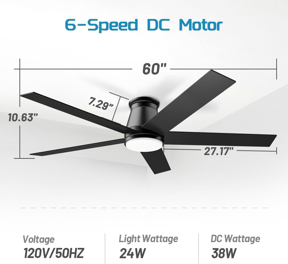 60 inch Flush Mount Ceiling Fan Black Ceiling Fans with Lights 6 Speeds DC Reversible Motor, Timing, Dimmable, 5 Blade