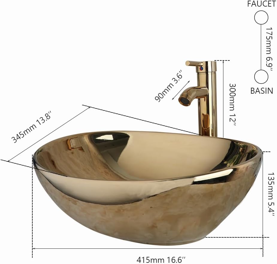 Washly Bathroom Vessel Sink 16 Inch Gold Ceramic Sink Bowl With Gold Faucet and Pop-Up Drain Combo,Oval Bathroom Sink Above Counter Art Sink Washing