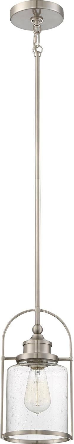 Quoizel Payson Mini Pendant Light, 7 Inch 1-Light Brushed Nickel, Clear Seeded Glass Pendant Light, Max Hanging Height 53", Ceiling Light for Kitchen Island, Dining, Hallway, Bar or Office