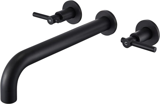 Wowkk Tub Filler Wall Mount Tub Faucet Black Brass Bathroom Bathtub Faucets with 2 Handles (Black)