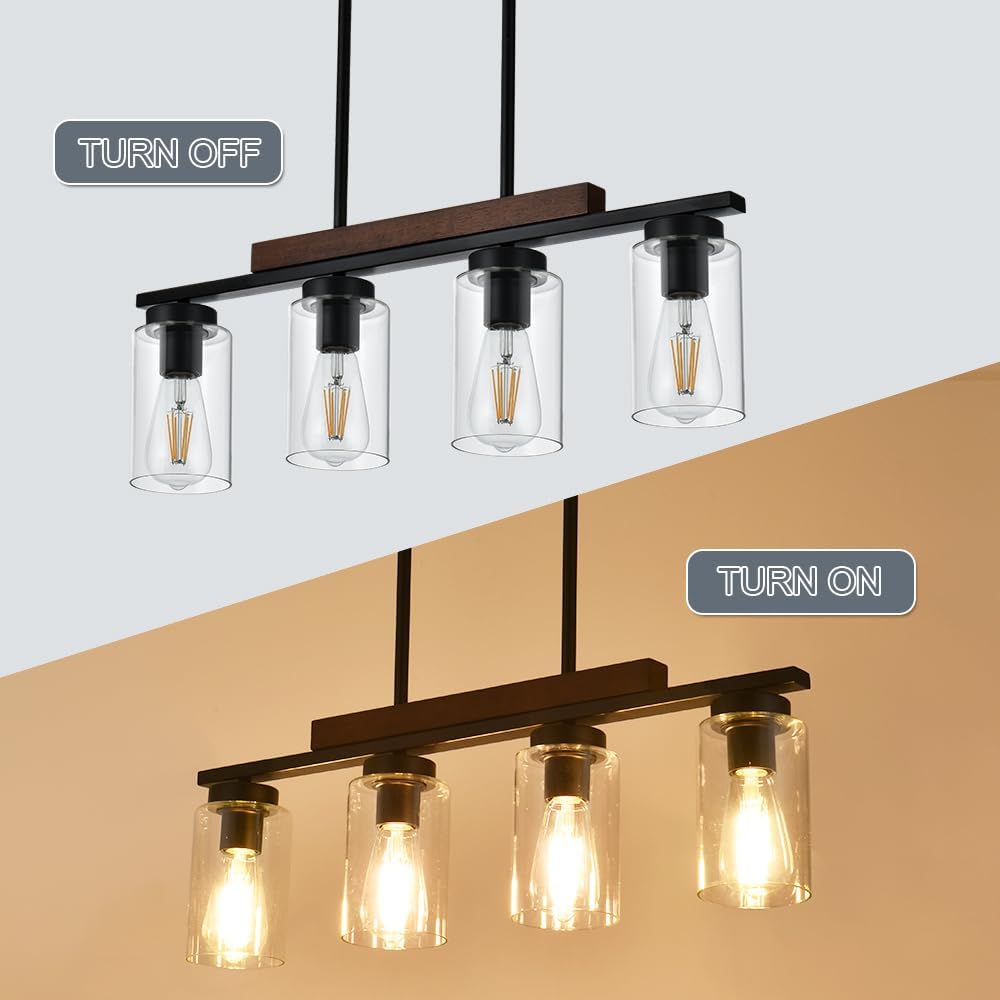 TODOLUZ 4-Lights Farmhouse Pendant Lights Fixtures Ceiling Hanging, Modern Black Kitchen Island Lighting with Clear Glass Lampshades (Cylinder Clear