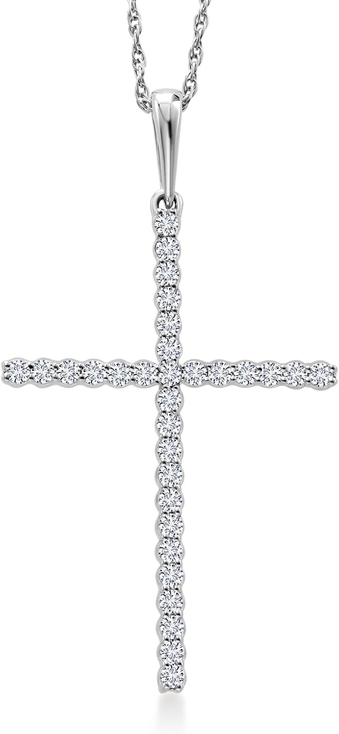 Gem Stone King 10K White Gold White Lab Grown Diamond Cross Necklace | 0.25 Cttw | 1 1/4 inch