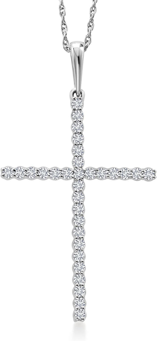 Gem Stone King 10K White Gold White Lab Grown Diamond Cross Necklace | 0.25 Cttw | 1 1/4 inch