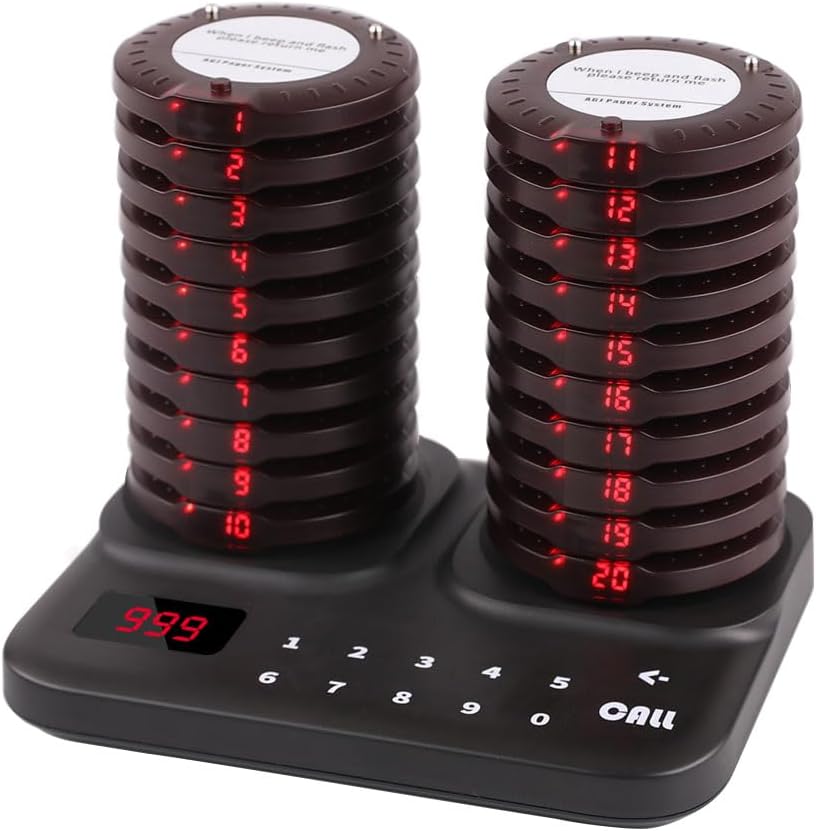 AGJ Restaurant Pager System Wireless 20 Coaster Beeper Buzzer System Guest Customer Queue Pagers for Food Truck Church Nursery Clinic Coffee Shop