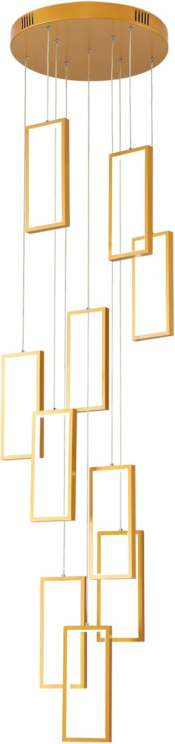 Modern LED Chandelier 10 Rings Rectangle Chandelier Dimmable With Remote Control Gold Pendant Light 120in Adjustable Height Long Staircase