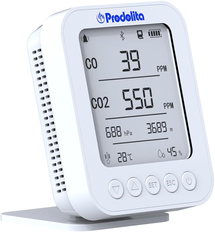 Prodolita Co Detector for Carbon Monoxide, Carbon Dioxide, Barometer, Altimeter, Temperature and Humidity Sensor with Large LCD Screen and Portable