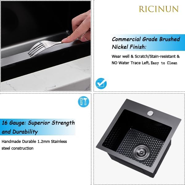 RICINUN 15x15 Inch Black Drop In Bar Sink,15 Inch Gunmetal Black Top Mount Small Bar RV Sink, Stainless Steel 16 Gauge Single Bowl Kitchen Prep Sink