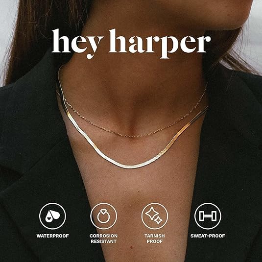 Hey Harper Gold Herringbone Necklace For Women Nassau Set - Waterproof Sweatproof Non Tarnish Jewelry - 14K PVD Layered Stainless Steel Necklace