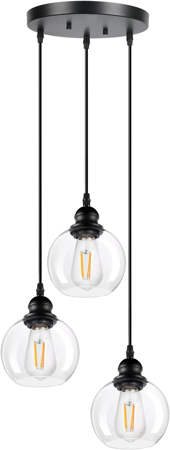 Modern 3-Light Pendant Light Fixtures, Industrial Hanging Ceiling Lamp With Clear Glass Shade, vintage Black Pendant lighting for Kitchen Island