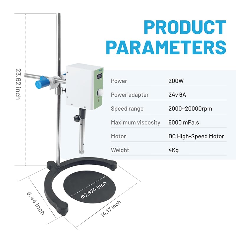 High Speed Lab Homogenizer 2000–20000rpm, Digital Disperser Emulsifier, 20–1200mL, Max 5000mPa·s (Low–Medium Viscosity Only), Auto Overload Protection，2 Dispersing Heads