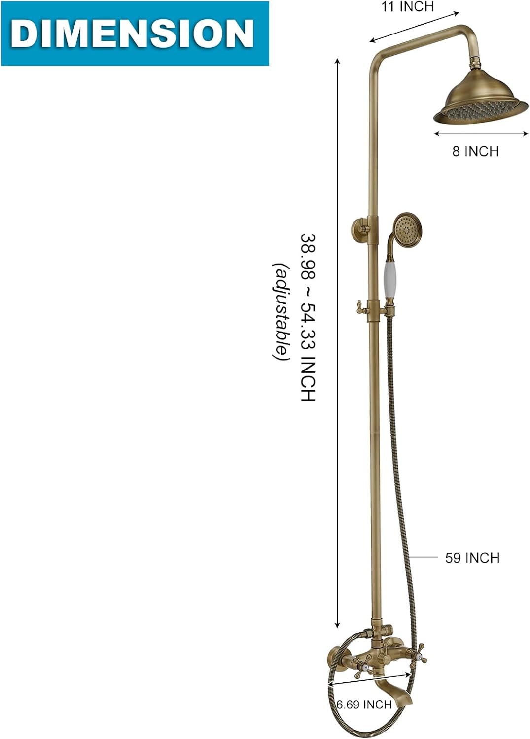 Bathfinesse Outdoor Shower Faucet Antique Brass, Bathroom Shower System Set with 3 Shower Function, Exposed Pipe Shower System, Wall Mount (Antique