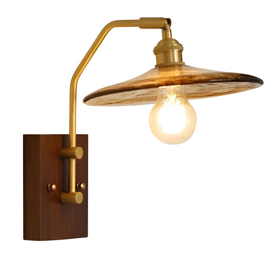 Vintage Brass Wall Sconce with Amber Glass and Wood Backplate, E26, Type B