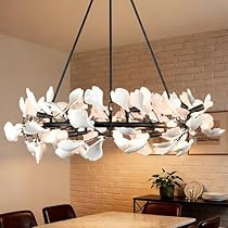 Black Farmhouse Dining Room Chandelier 28 Lights Modern Wagon Wheel Chandeliers for Bedroom 35.5" Ceramic Ginkgo Leaf Kitchen Chandelier