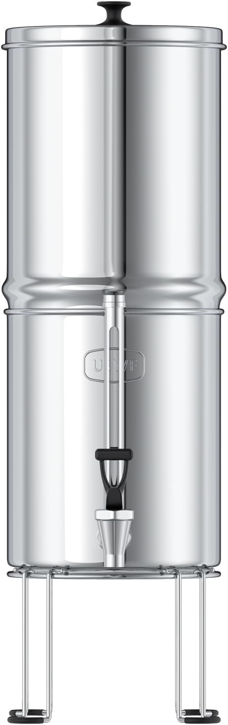 USWF Gravity Fed Water Filter - 2.25 Gal. Stainless Steel w/ 2 Carbon Filters, 2 Fluoride Filters, Portable Countertop Filtration System, Metal Sight