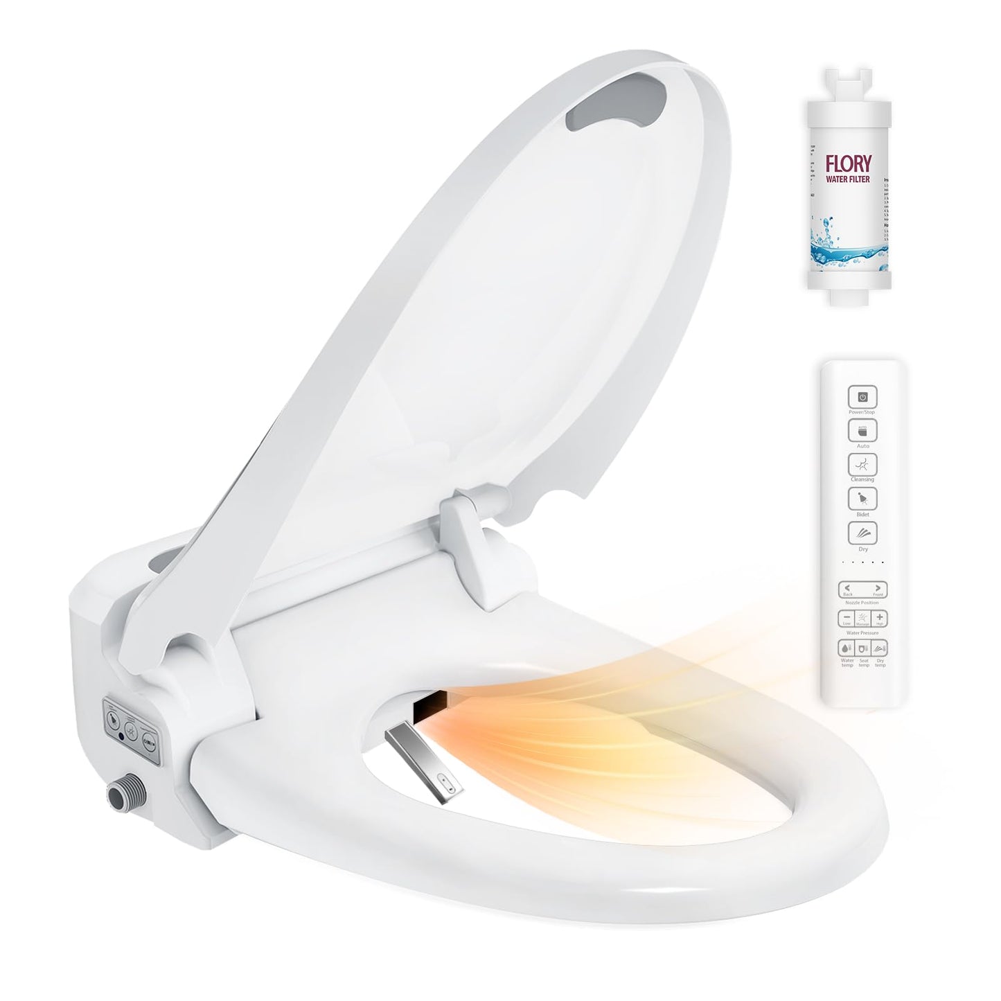 R FLORY Electric Bidet Toilet Seat Elongated Heated Toilet Seat with Bidet Slow Close Lid, Remote Control, Air Pump Flushing, Adjustable Self-Clean Nozzle, Instant Warm Water, Air Dryer, Night Light White