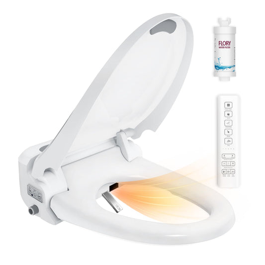 R FLORY Electric Bidet Toilet Seat Elongated Heated Toilet Seat with Bidet Slow Close Lid, Remote Control, Air Pump Flushing, Adjustable Self-Clean Nozzle, Instant Warm Water, Air Dryer, Night Light White