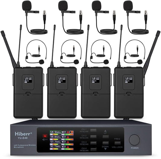 Hiberr Wireless Microphone System, 4 Channels Adjustable UHF Wireless Microphone Headset Metal Shell Vocal Wireless Mic Lapel for Church, Party,