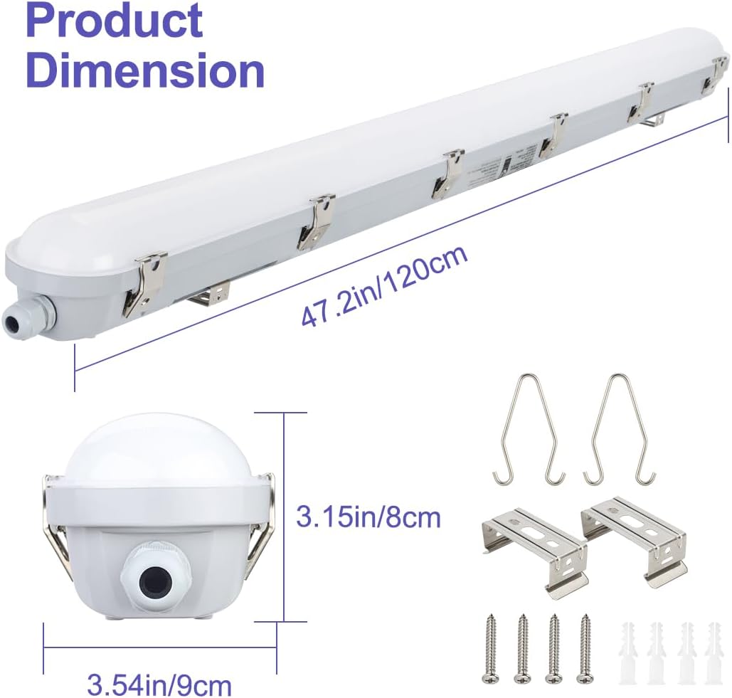 4FT LED Vapor Tight Light 60W/50W/40W Selectable, Vapor Proof Fixtures 3500K/4000K/5000K CCT Dimmable, LED Shop Light IP65 Waterproof for Carport,